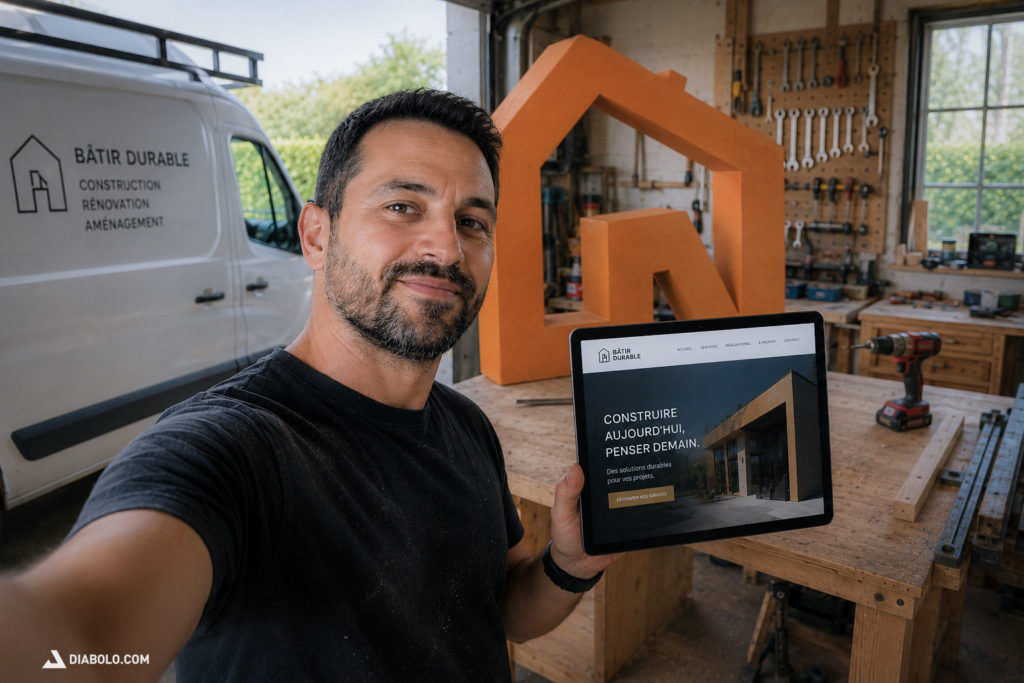 Artisan consultant le site internet de son entreprise sur une tablette devant son atelier