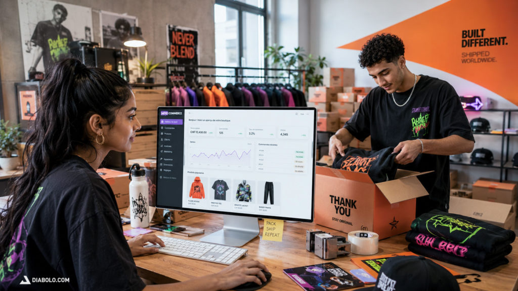 Entrepreneur préparant des commandes depuis une boutique en ligne avec gestion des ventes et des produits