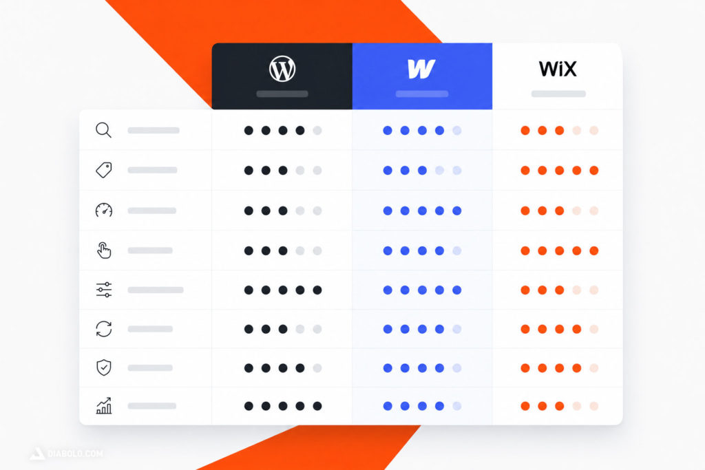 Tableau comparatif entre WordPress, Webflow et Wix selon le SEO, le prix, les performances et la personnalisation