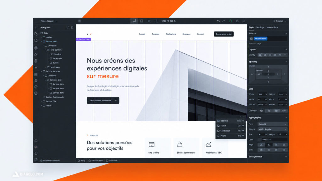 Éditeur visuel inspiré de Webflow permettant de concevoir un site internet au design personnalisé