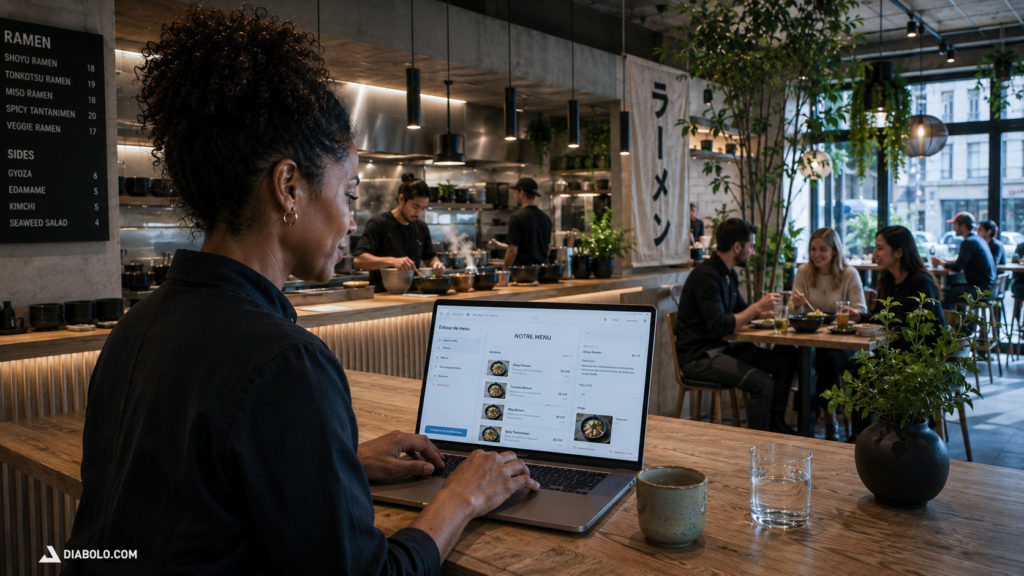 Restaurateur mettant à jour le menu de son site internet depuis un ordinateur portable
