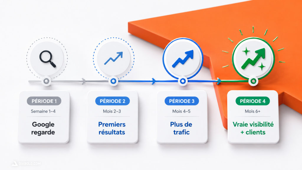 Chronologie des résultats en SEO : mois 1 = Google commence, mois 3 = premiers positionnements, mois 6+ = visibilité réelle et clients