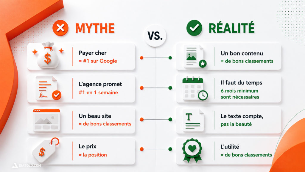 Fausses croyances SEO vs réalité : payer cher n'aide pas le classement, les promesses rapides sont mensonges, on ne peut pas acheter le classement Google