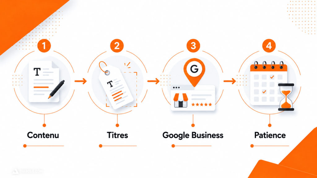 4 étapes pour fixer un site invisible : 1) Remplir avec contenu utile, 2) Régler les titres, 3) Créer fiche Google Business, 4) Être patient