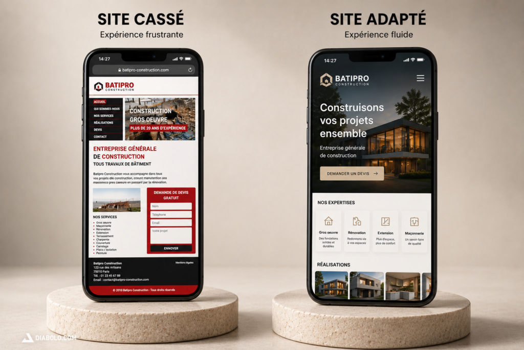 Comparaison entre un site non responsive illisible sur mobile et un site parfaitement adapté
