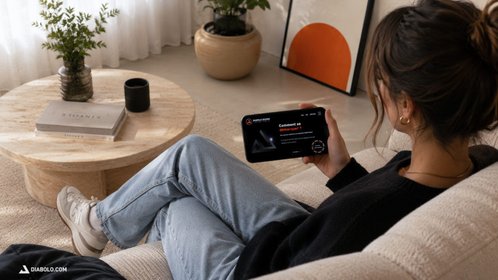 Personne consultant un site web responsive confortablement depuis son smartphone