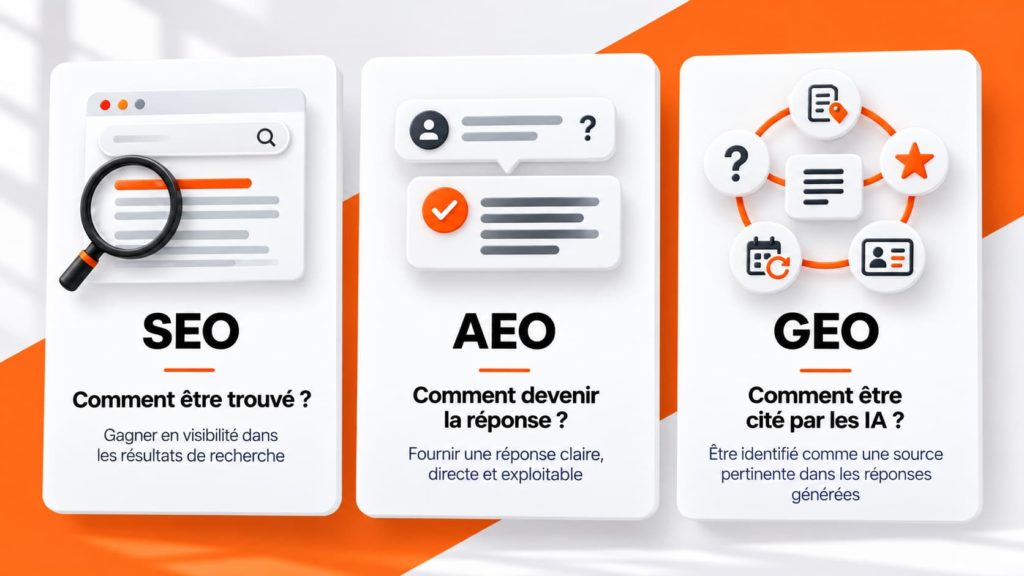 Infographie comparant le SEO, l'AEO et le GEO pour la visibilité d'une entreprise