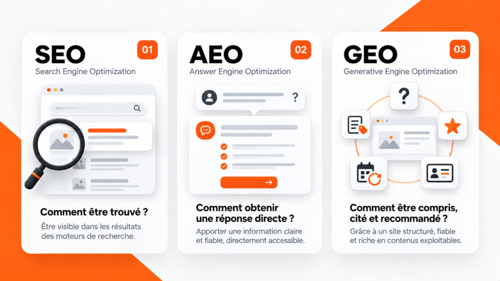 Infographie comparant le SEO, l'AEO et le GEO pour la visibilité d'une PME en 2026