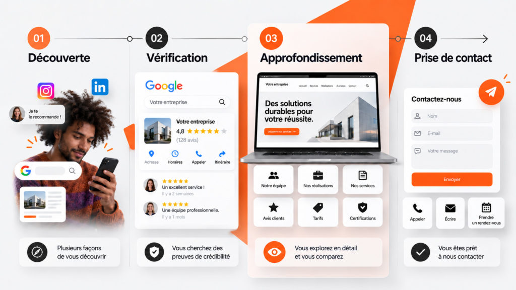 Parcours de vérification d'un prospect avant de contacter une entreprise, du réseau social au site internet