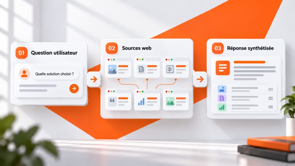 Schéma simplifié montrant comment une IA générative synthétise plusieurs sources web pour produire une réponse unique