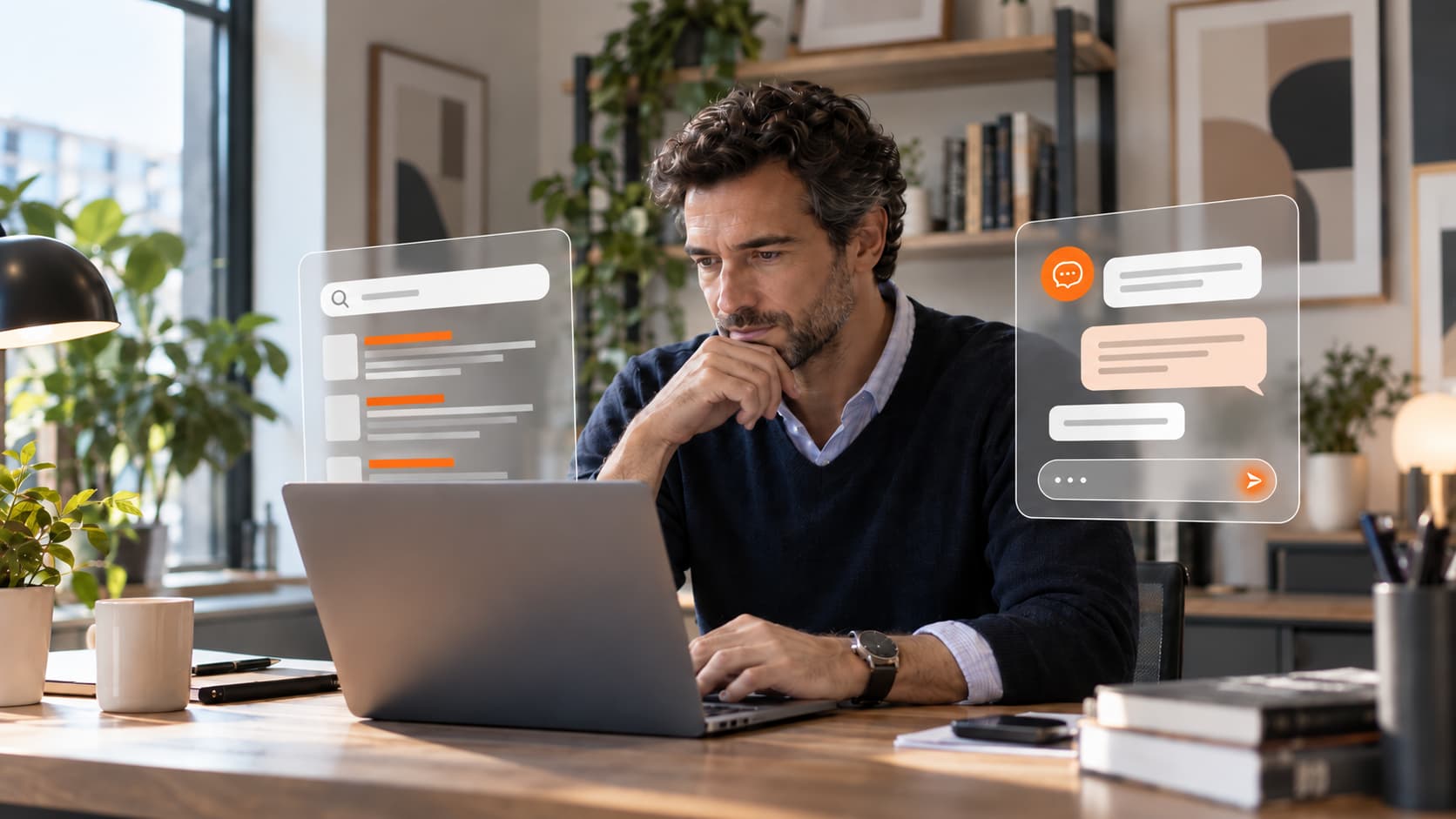 Dirigeant de PME consultant à la fois un moteur de recherche et un assistant IA sur son écran