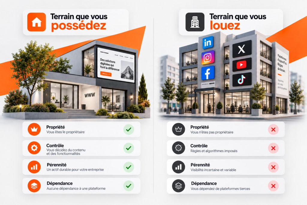 Comparaison entre un site internet propriétaire et une présence uniquement sur les réseaux sociaux